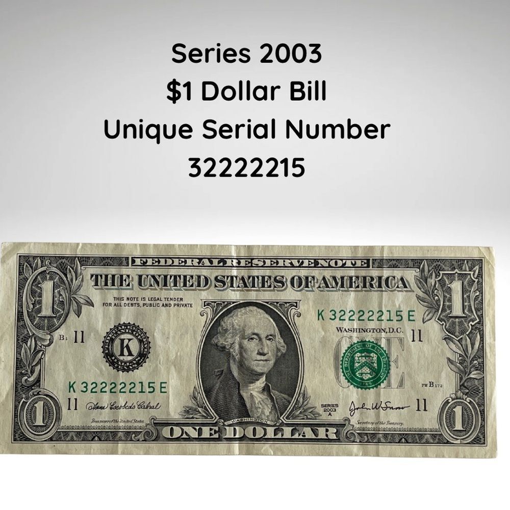 2003 $1 Bill – Fancy Serial Number 32222215 – Run of (5) Twos – Circulated